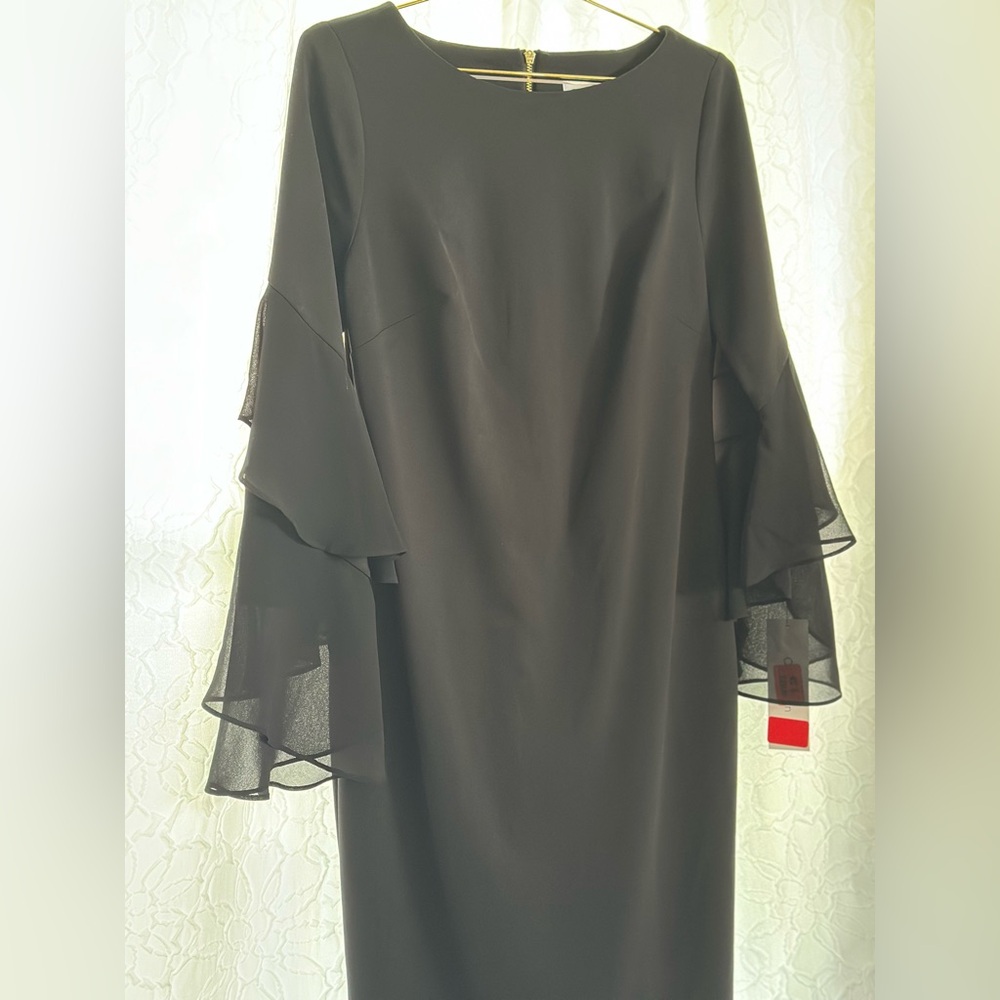 CALVIN KLEIN-Elegant Black Ruffle Sleeve Gold Back Zipper Dress 8 ‼️NWT‼️